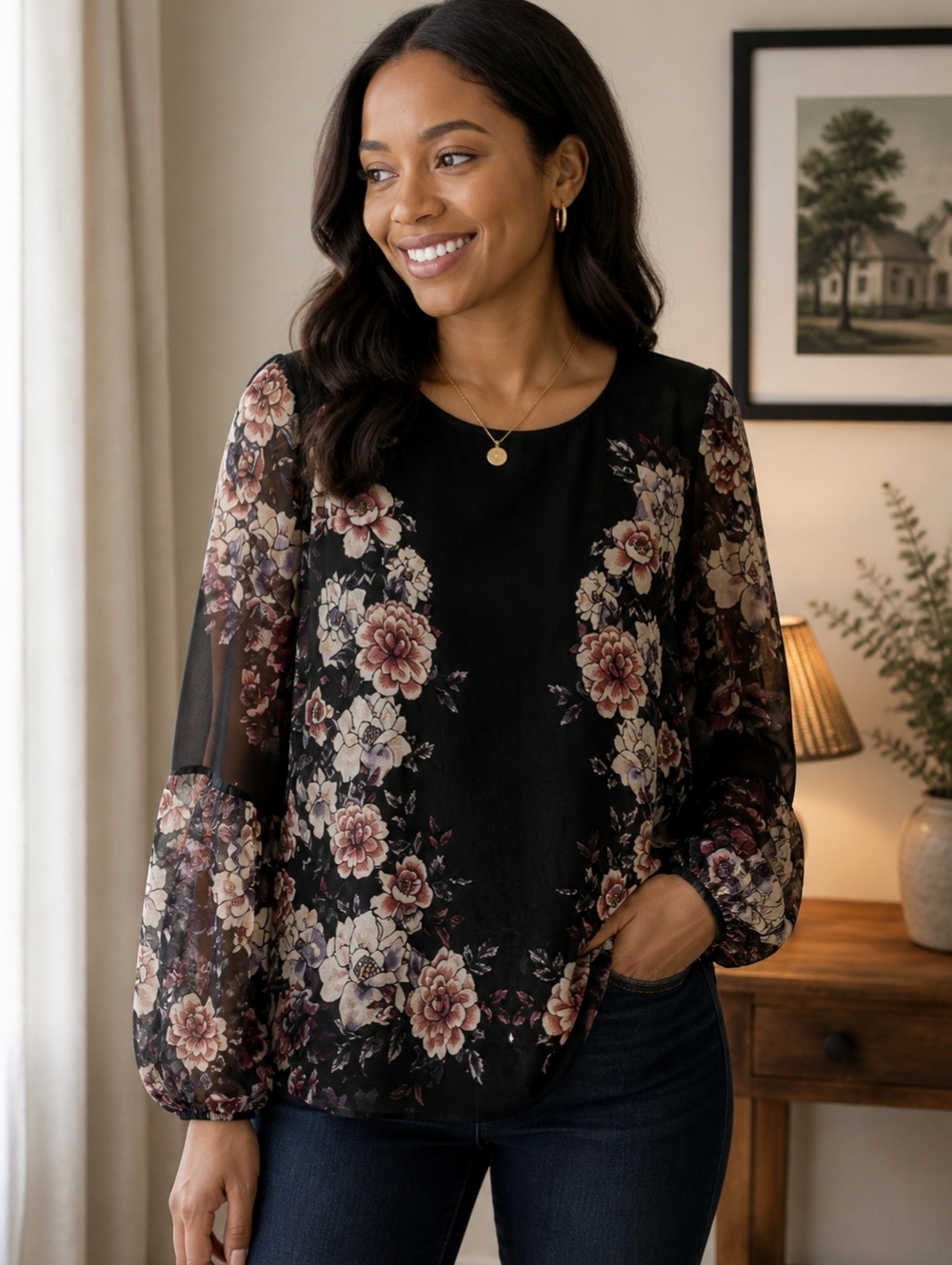 GNW Floral Black Chiffon Blouse Large